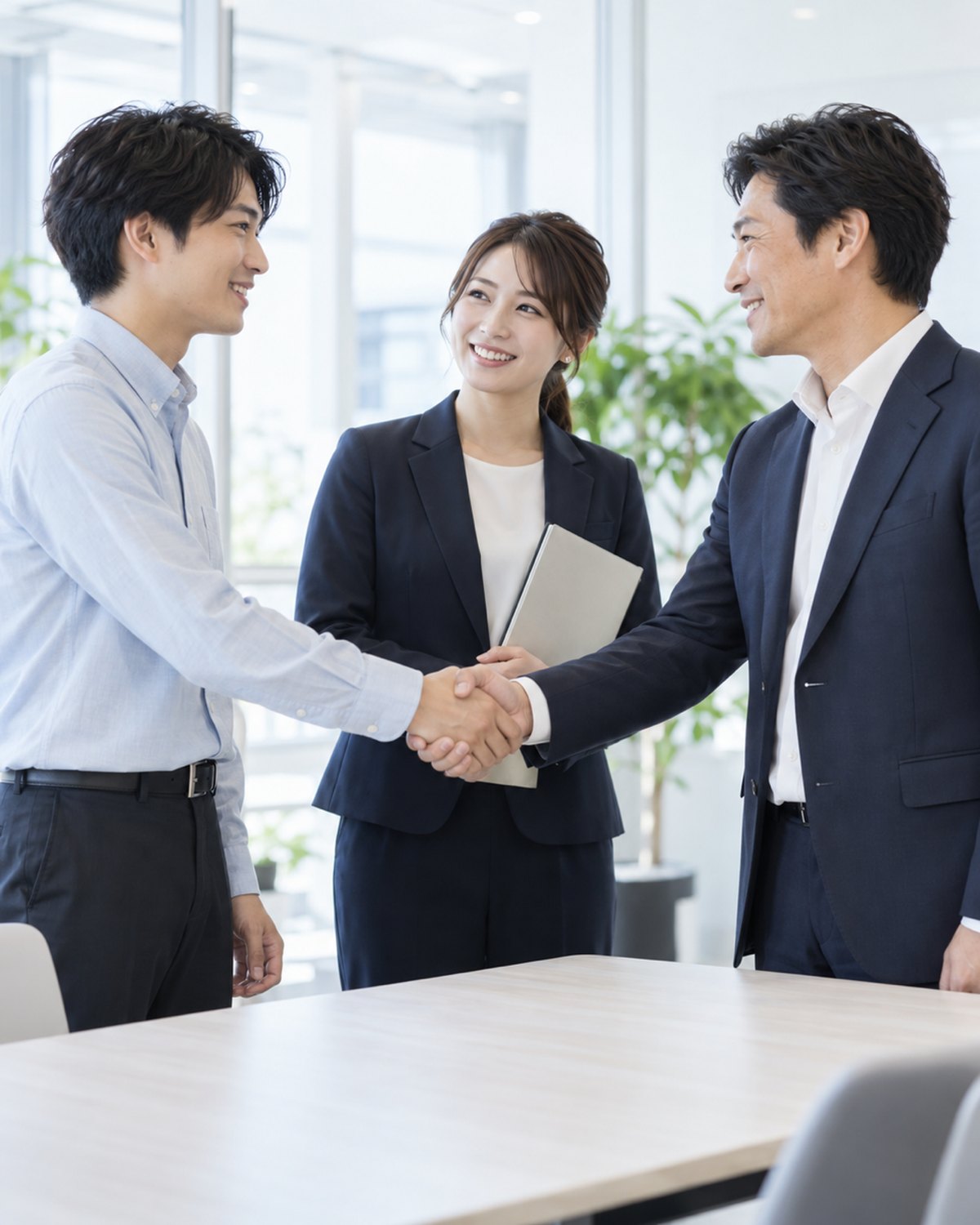 企業と人材が握手を交わすビジネスシーン — 間（アイダ）が架け橋に